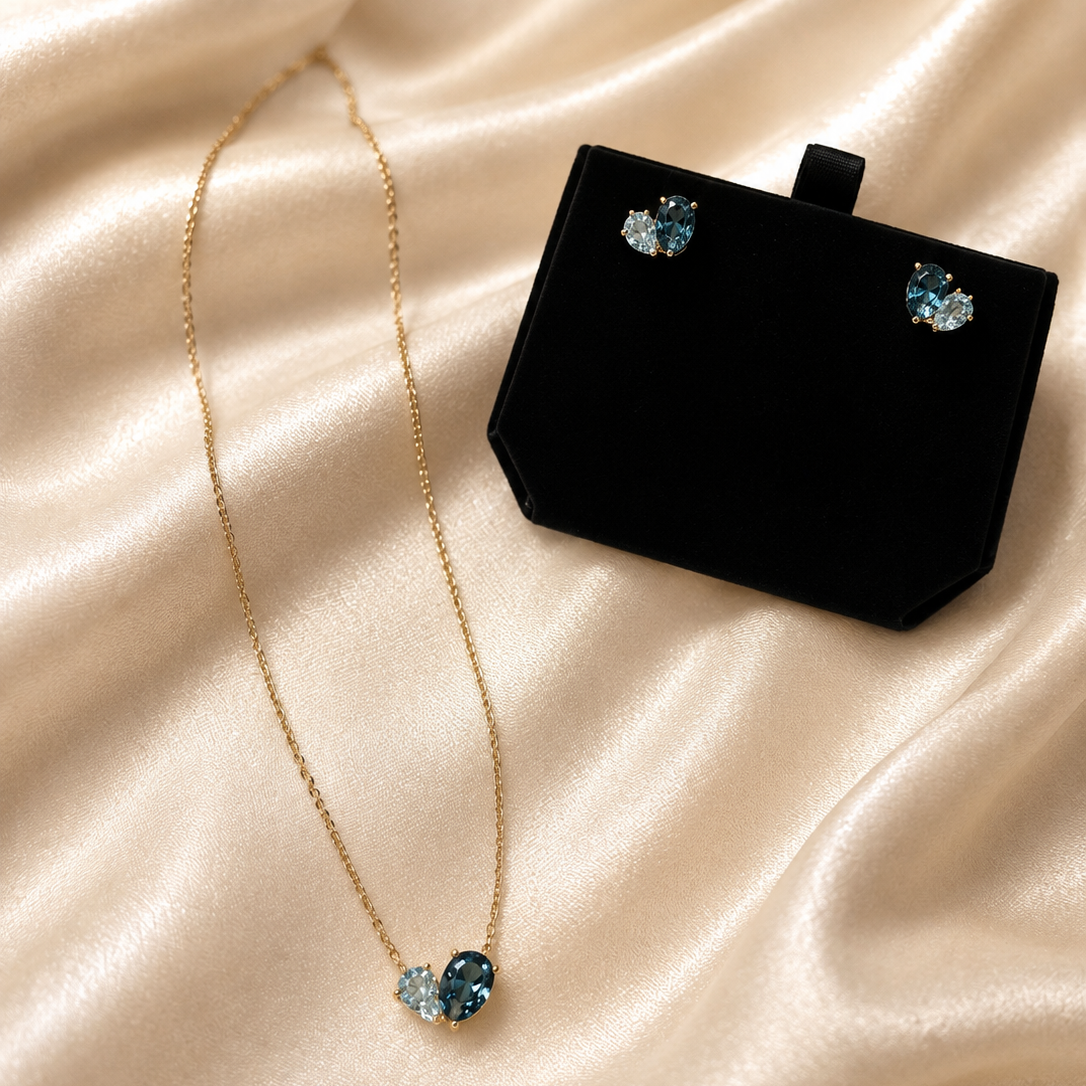 9ct Gold Blue Topaz Moi et Toi Necklace & Earrings