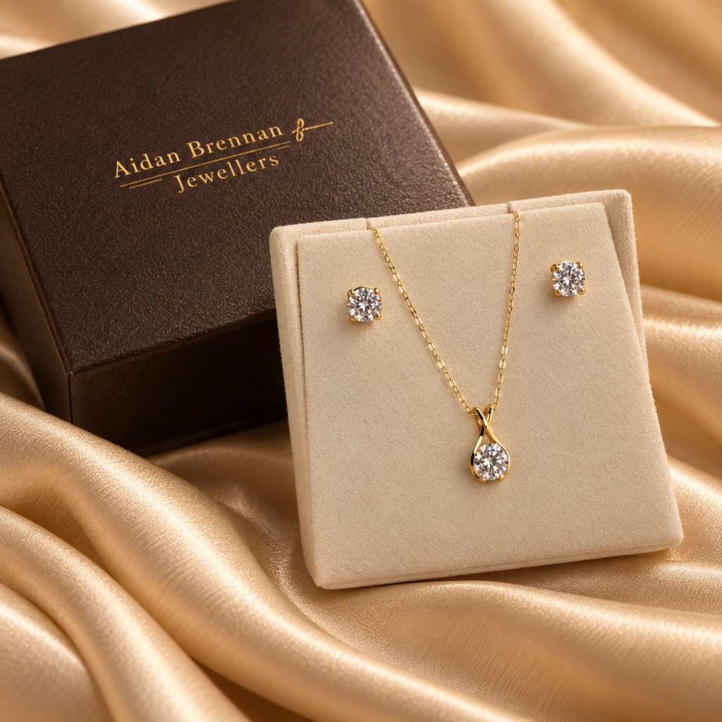 9ct Yellow Gold Cubic Zirconia Pendant & Earring Set