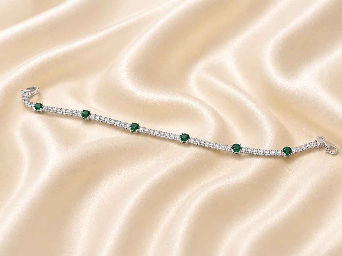 Sterling Silver Emerald & Cubic Zirconia Tennis Bracelet