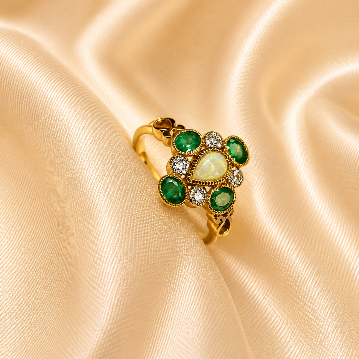 9ct Gold Opal, Emerald & Diamond Ring