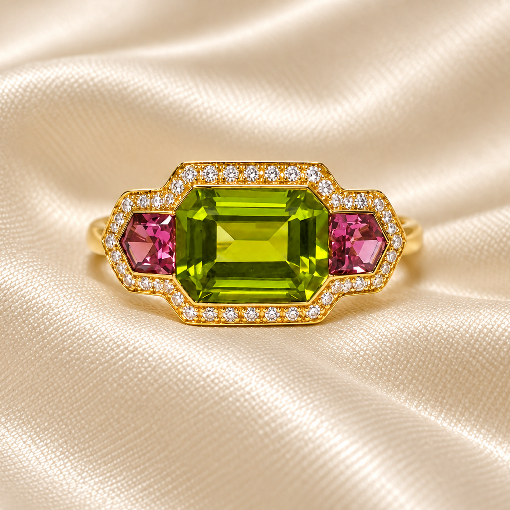 Yellow Gold Peridot, Pink Tourmaline & Diamond Ring