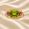 Yellow Gold Peridot, Pink Tourmaline & Diamond Ring