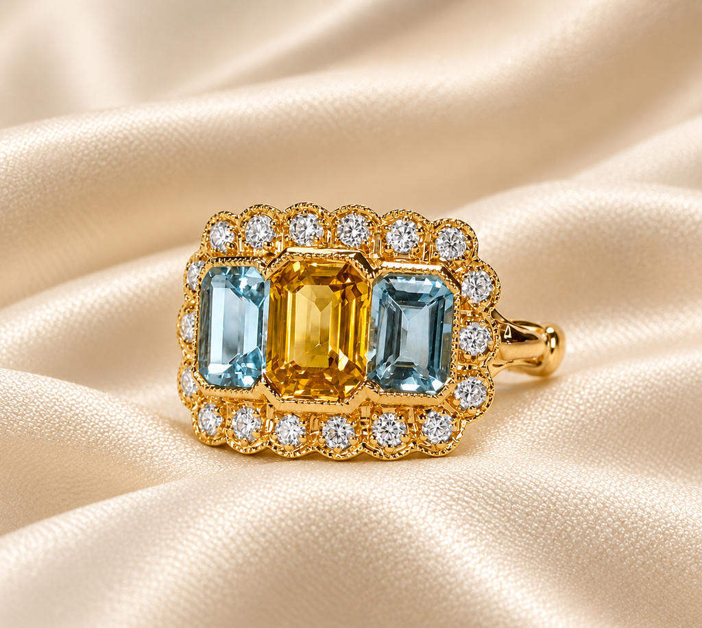 18ct Gold Yellow Sapphire, Aquamarine & Diamond Ring