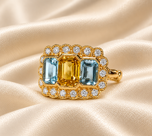 18ct Gold Yellow Sapphire, Aquamarine & Diamond Ring
