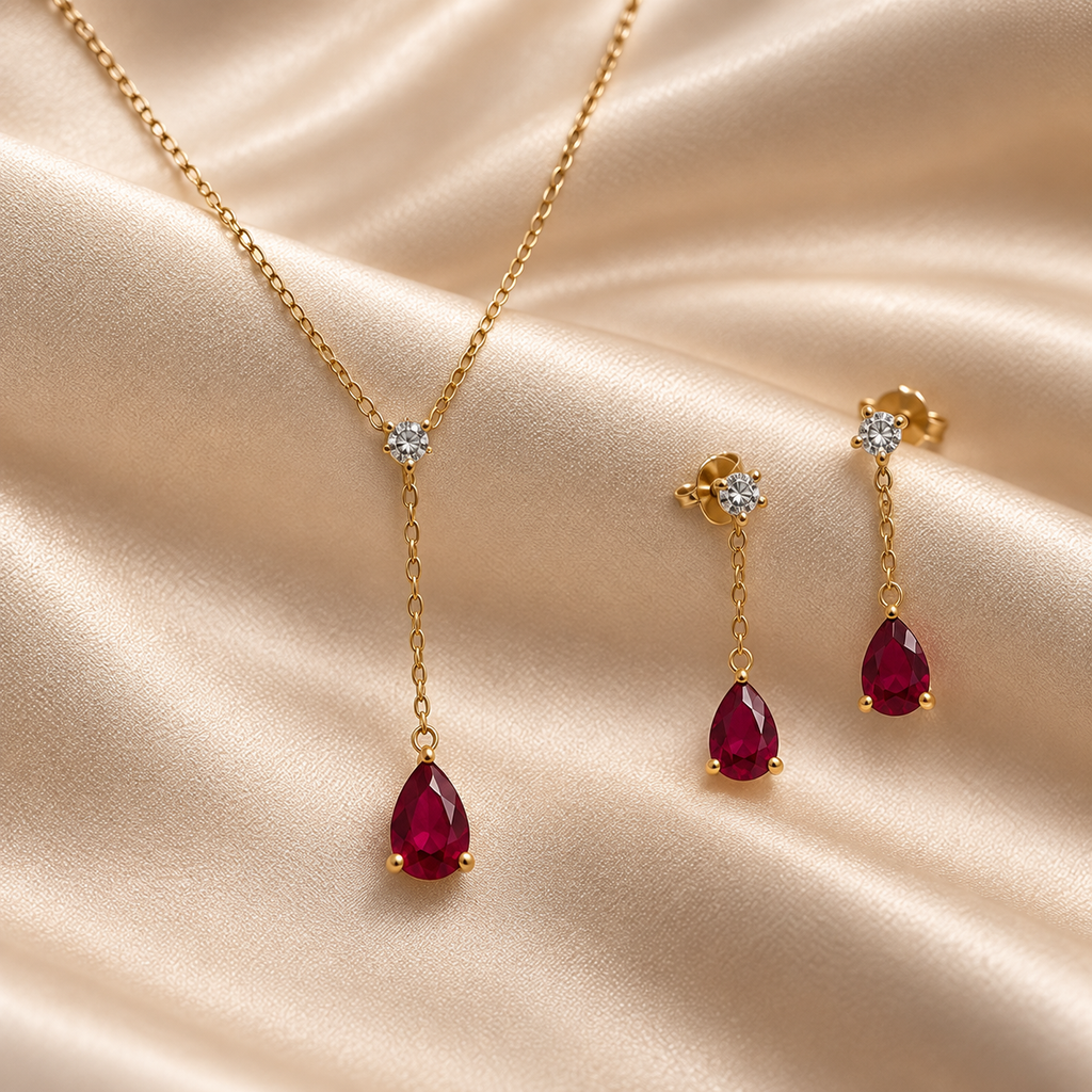 9ct Gold Ruby & Diamond Pendant & Earrings