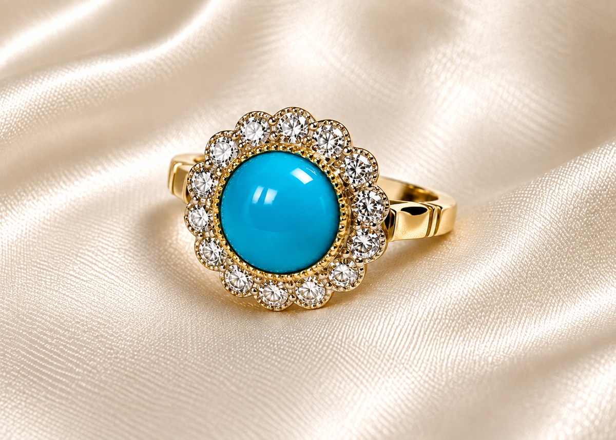 Yellow Gold Turquoise & Diamond Cluster Ring