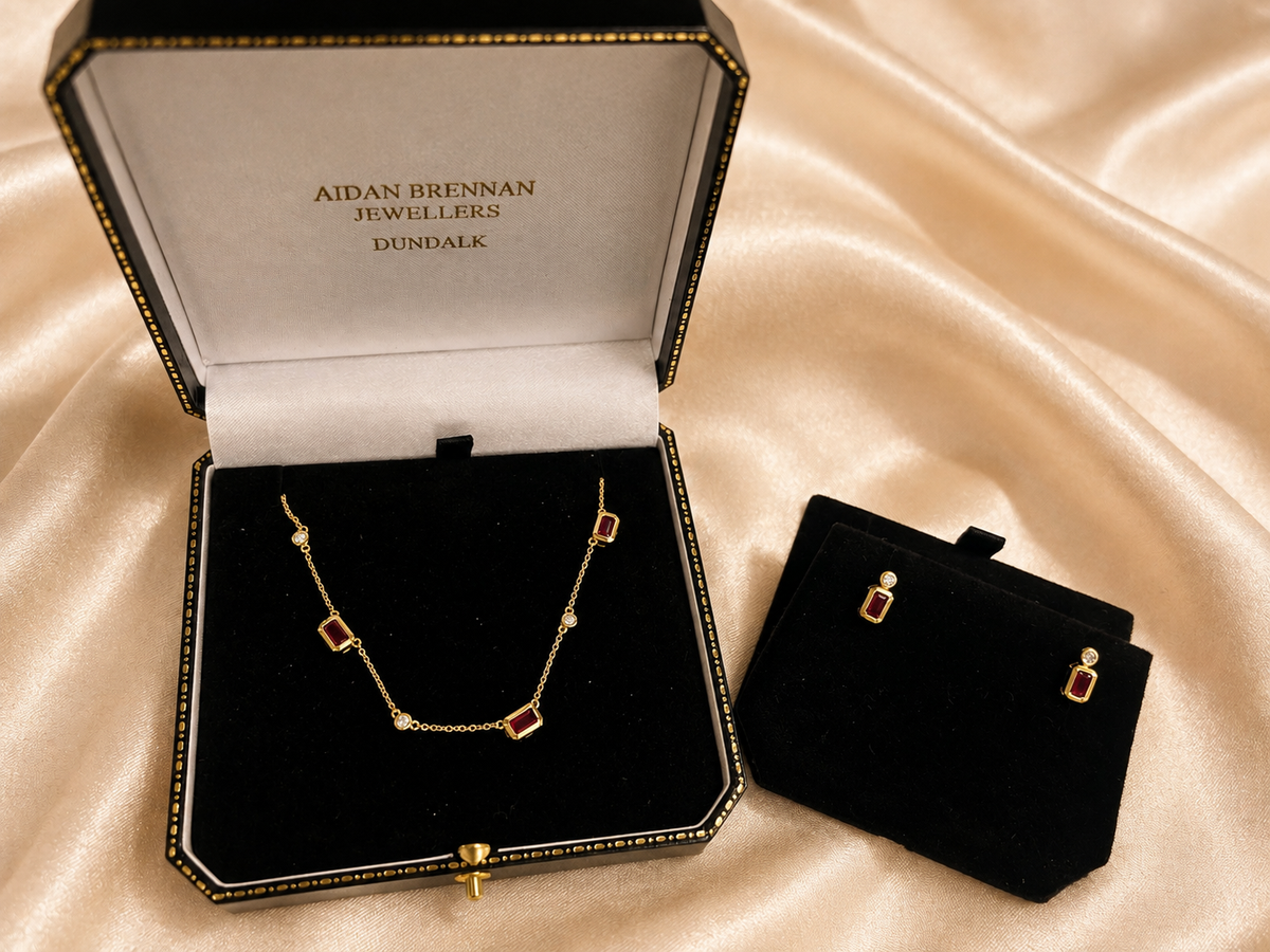 9ct Gold Ruby & Diamond Necklace & Earrings