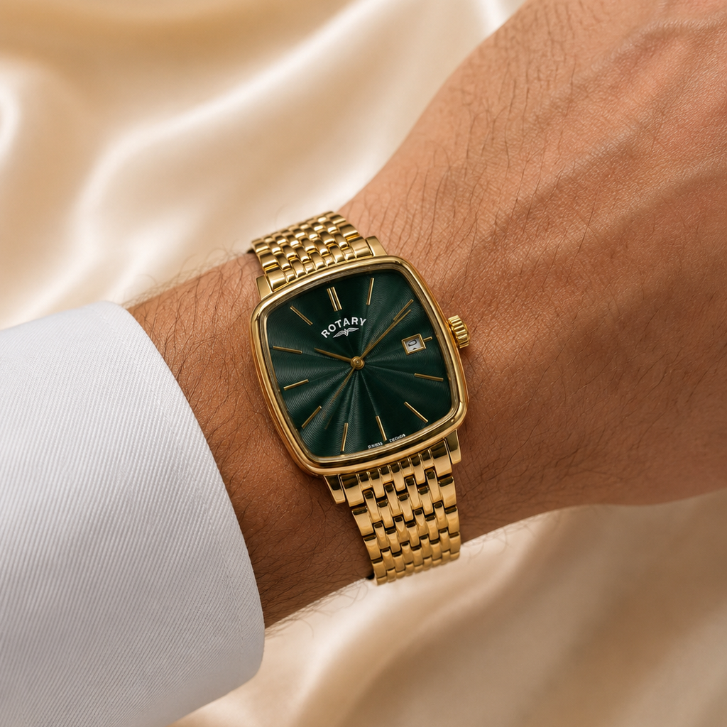 Men’s Rotary Gold-Tone Watch With Green Dial