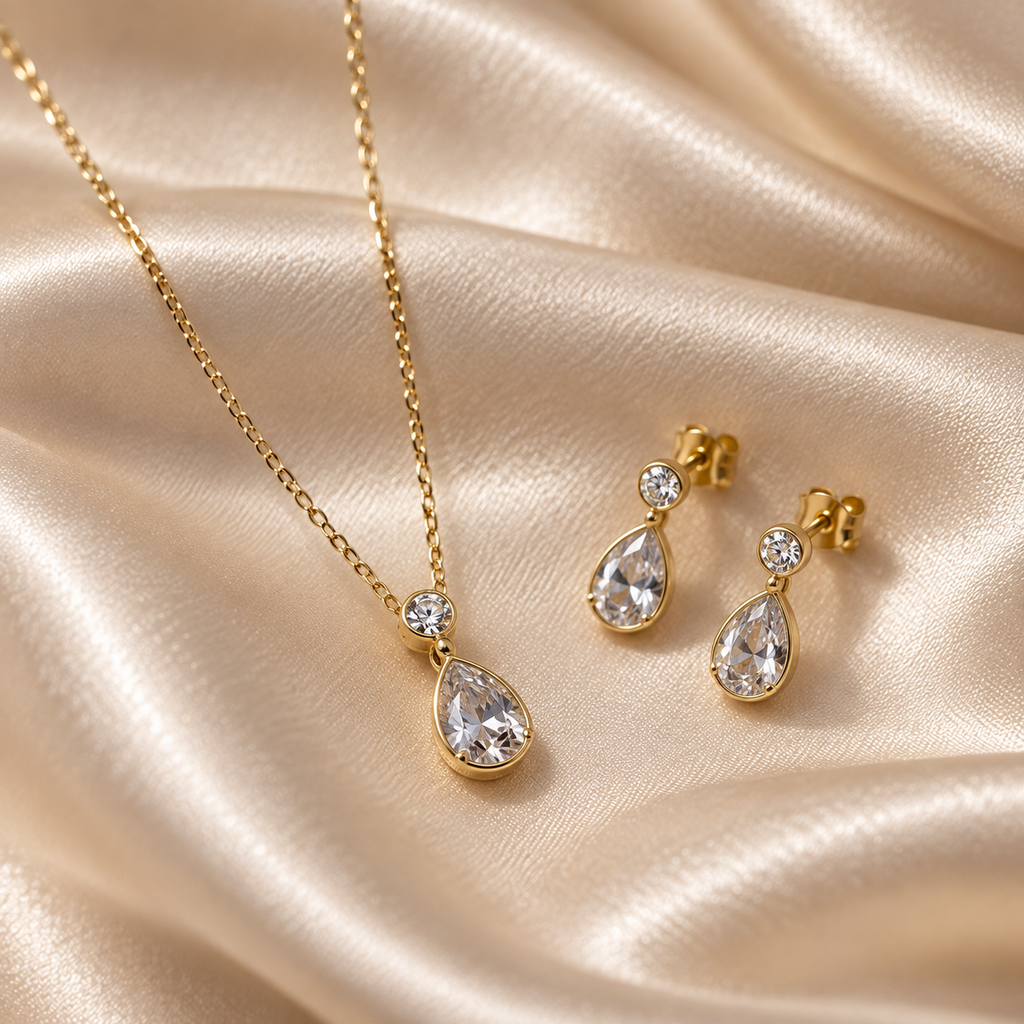 9ct Gold Pear Shaped Pendant & Earring Set