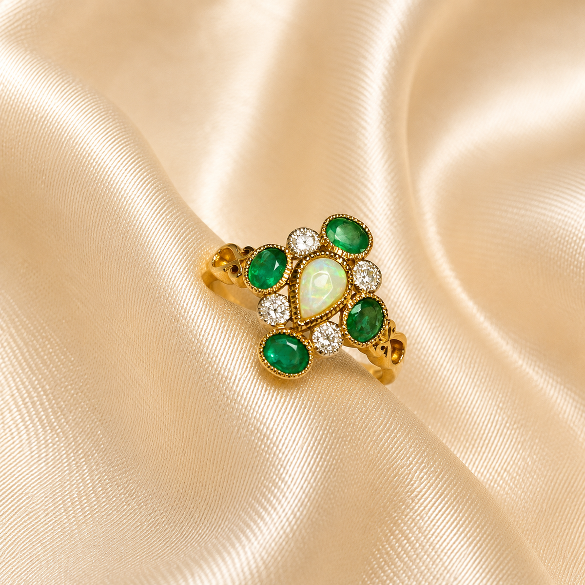 9ct Gold Opal, Emerald & Diamond Ring
