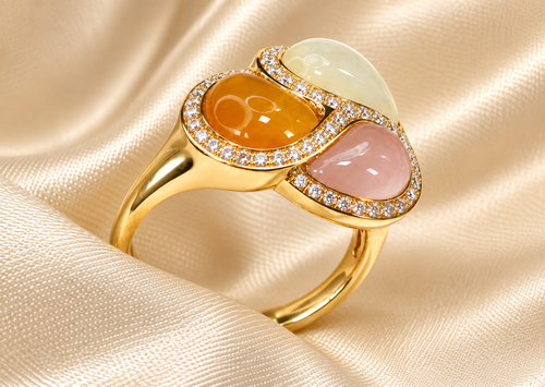 18ct Gold Moonstone, Rose & Orange Quartz Diamond Ring