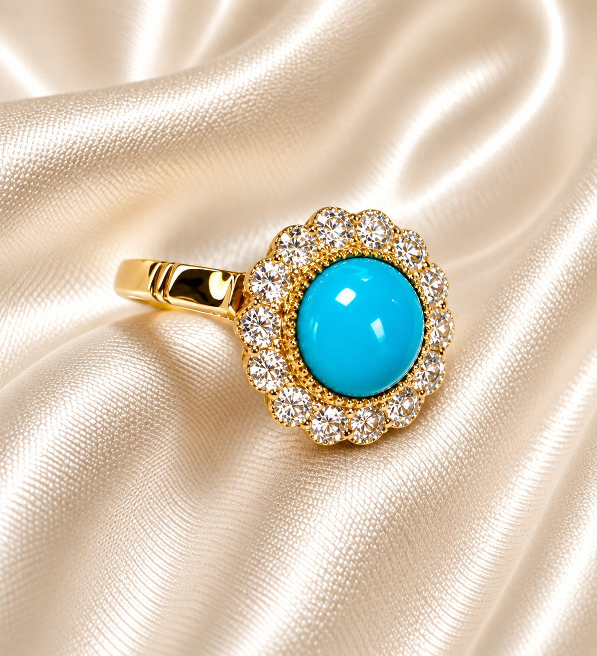 Yellow Gold Turquoise & Diamond Cluster Ring