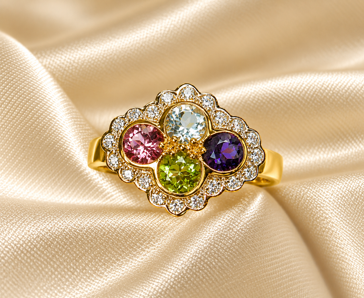 9ct Gold Pink Tourmaline, Peridot, Aquamarine, Amethyst & Diamond Ring