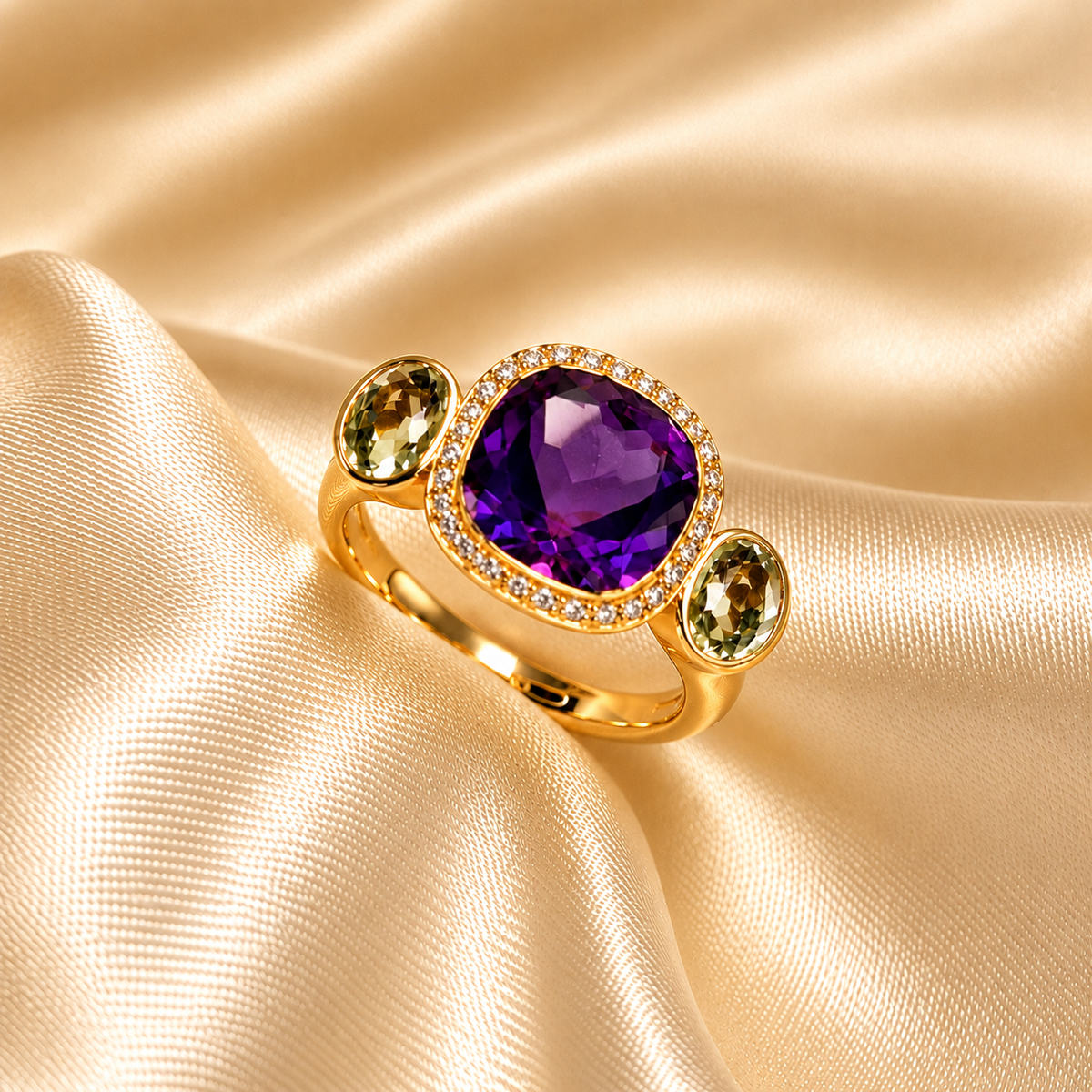 Rose Gold Green Amethyst, Purple Amethyst & Diamond Ring