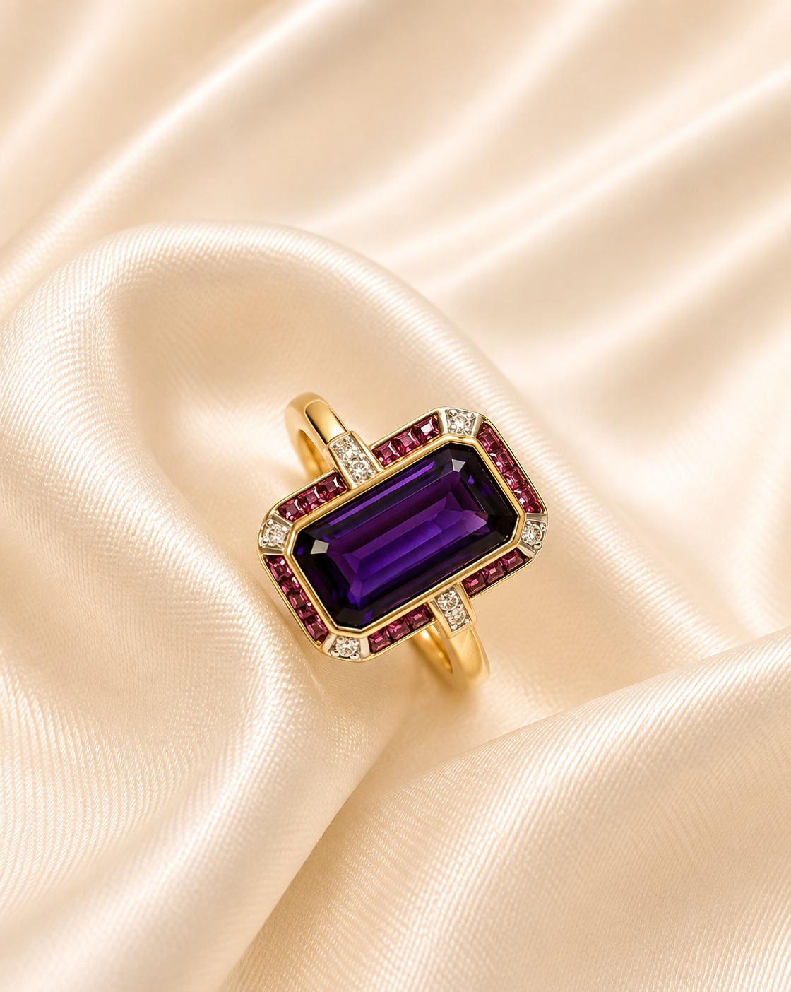 Yellow Gold Cathedral Amethyst, Tourmaline & Diamond Ring