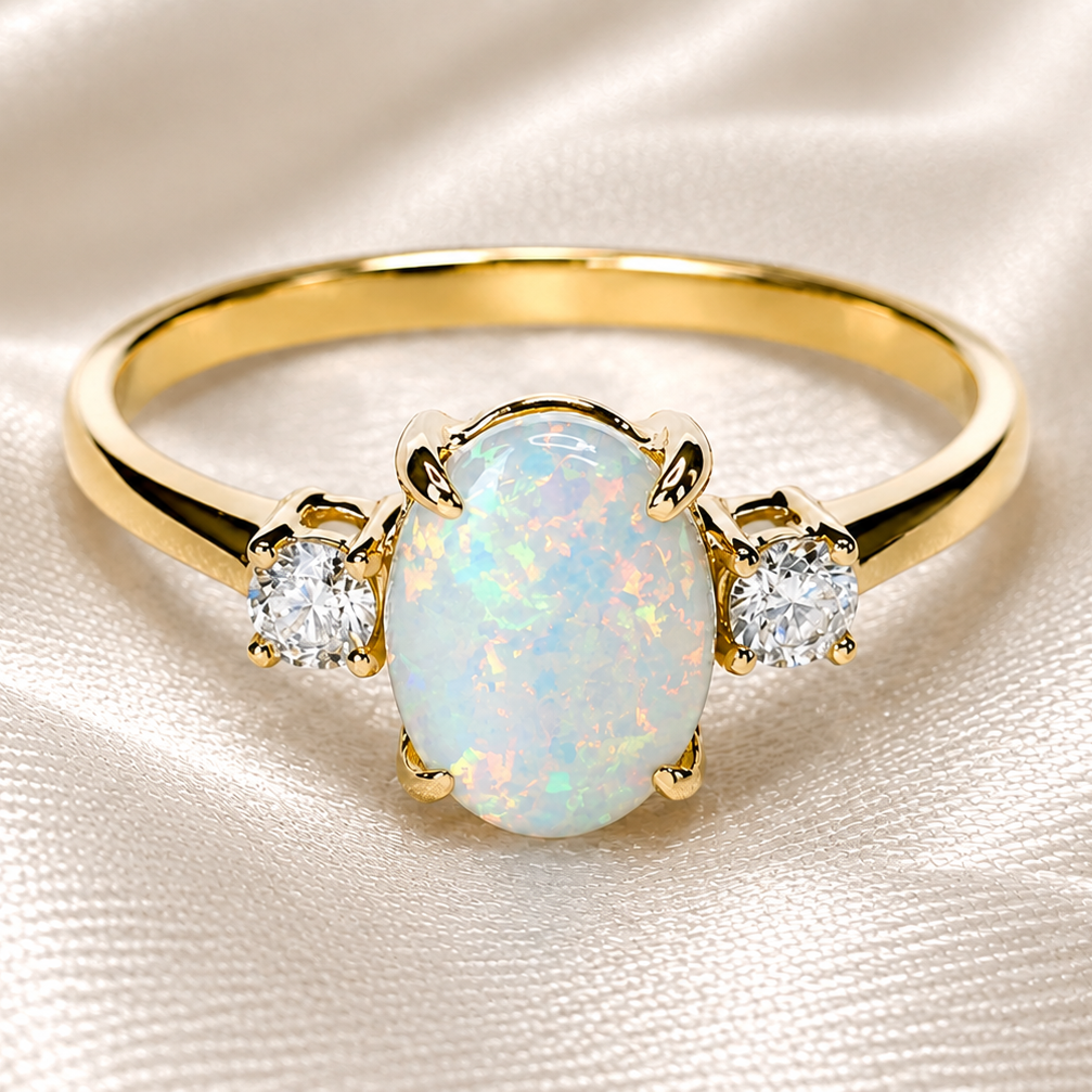 9ct Yellow Gold Created Opal & Cubic Zirconia Ring