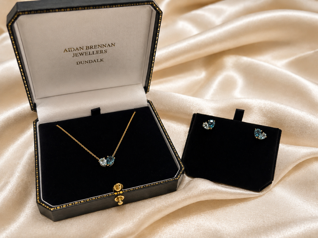 9ct Gold Blue Topaz Moi et Toi Necklace & Earrings