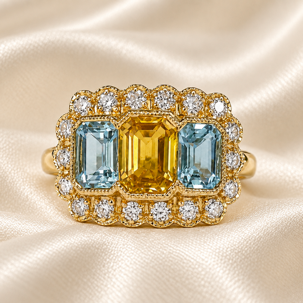 18ct Gold Yellow Sapphire, Aquamarine & Diamond Ring
