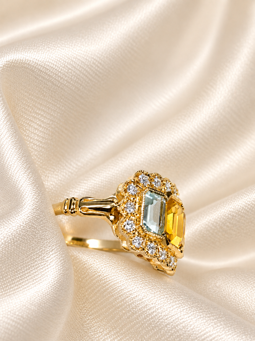 18ct Gold Yellow Sapphire, Aquamarine & Diamond Ring