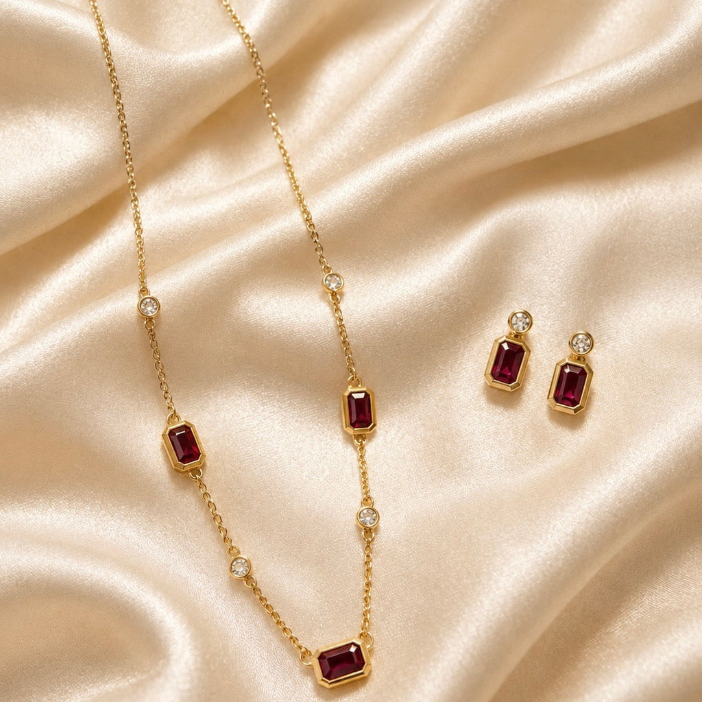 9ct Gold Ruby & Diamond Necklace & Earrings