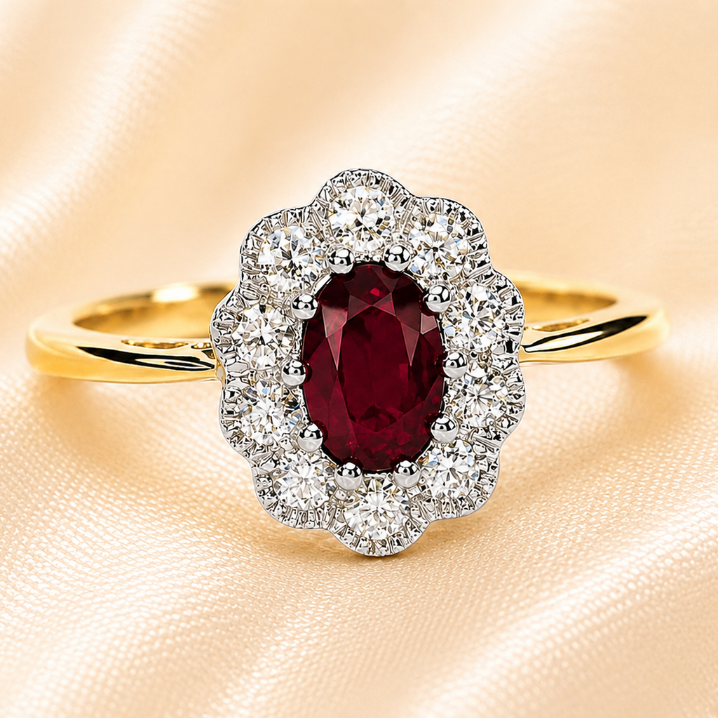 9ct Gold Oval Ruby & Diamond Cluster Ring
