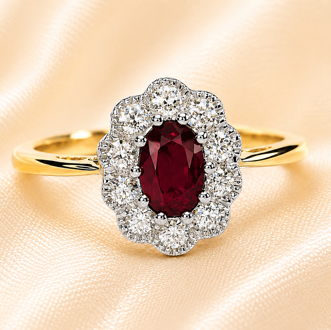 9ct Gold Oval Ruby & Diamond Cluster Ring