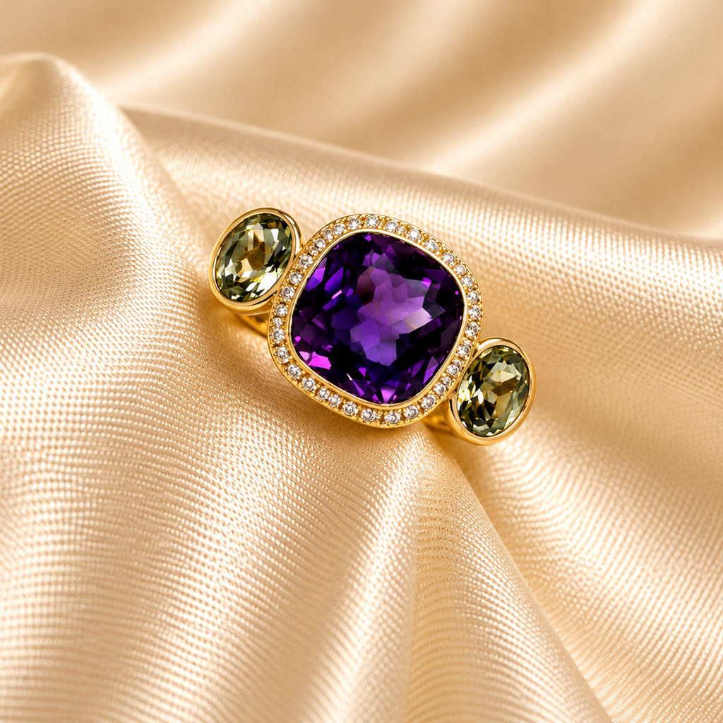 Rose Gold Green Amethyst, Purple Amethyst & Diamond Ring