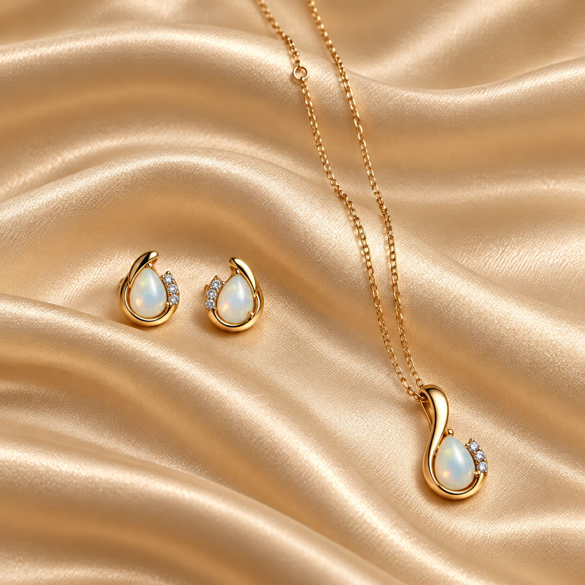 9ct Gold Opal & Diamond Necklace & Earring Set