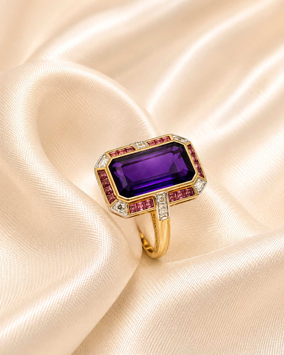 Yellow Gold Cathedral Amethyst, Tourmaline & Diamond Ring