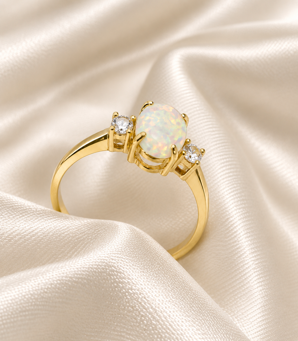 9ct Yellow Gold Created Opal & Cubic Zirconia Ring