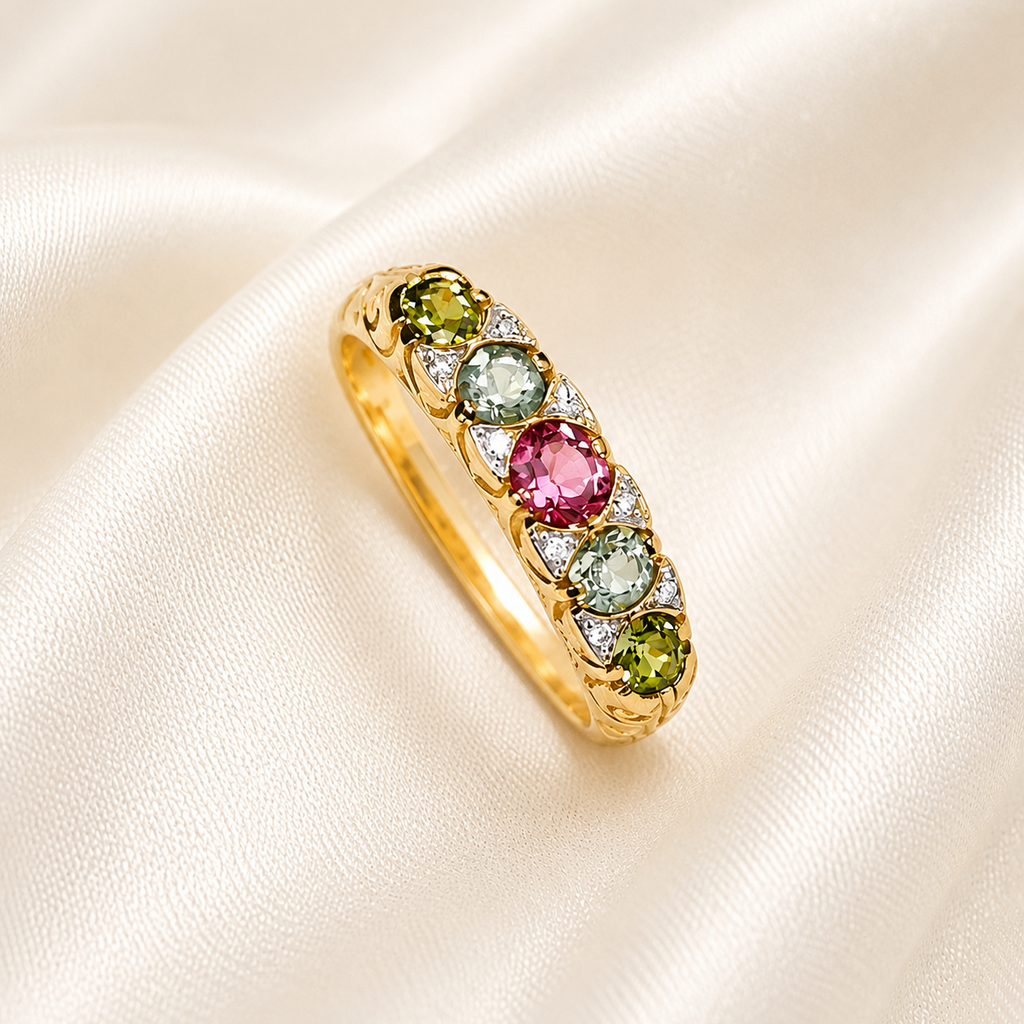 9ct Gold Aqua,Green & Pink Tourmaline Ring