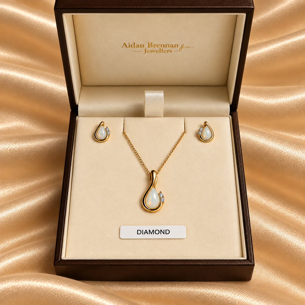 9ct Gold Opal & Diamond Necklace & Earring Set