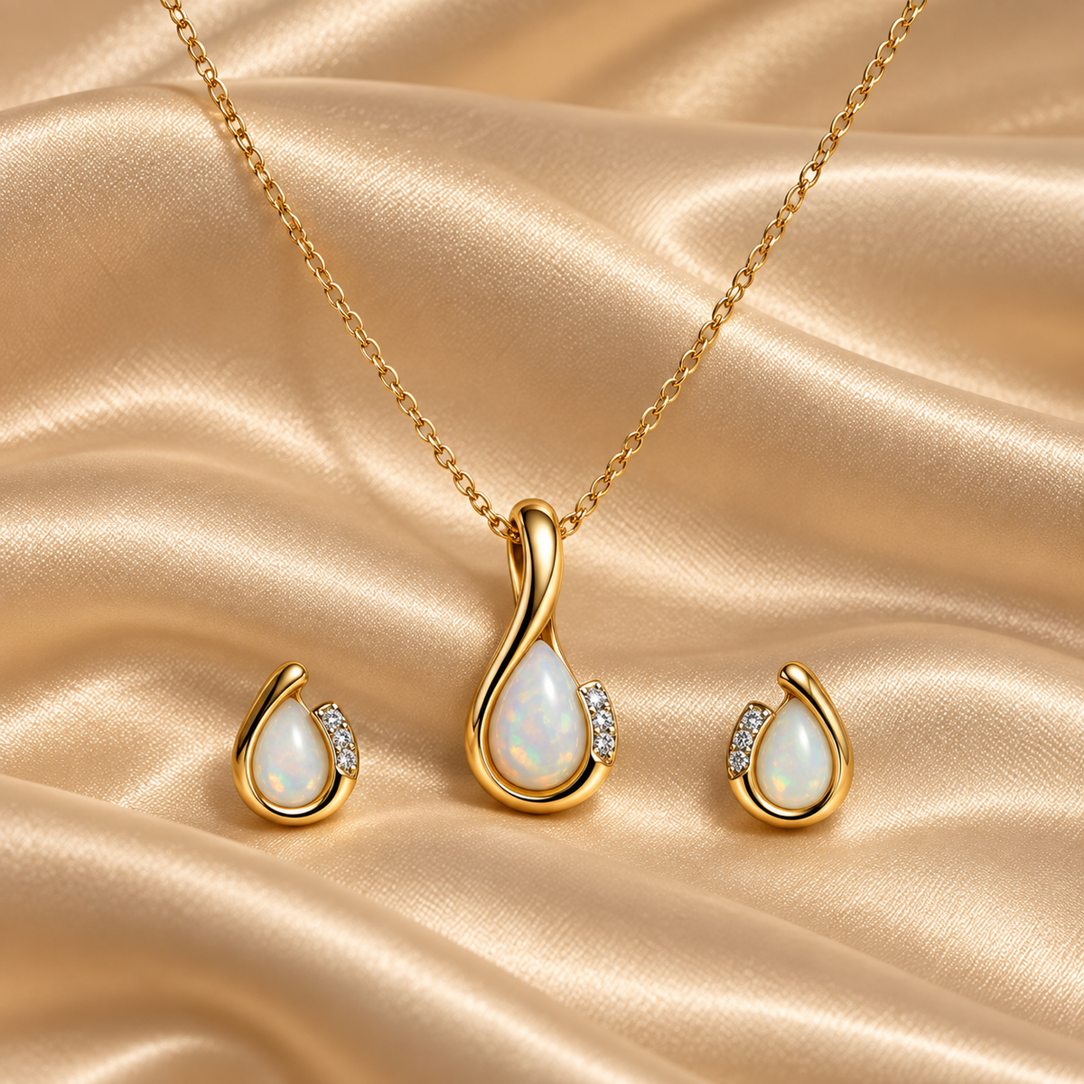 9ct Gold Opal & Diamond Necklace & Earring Set