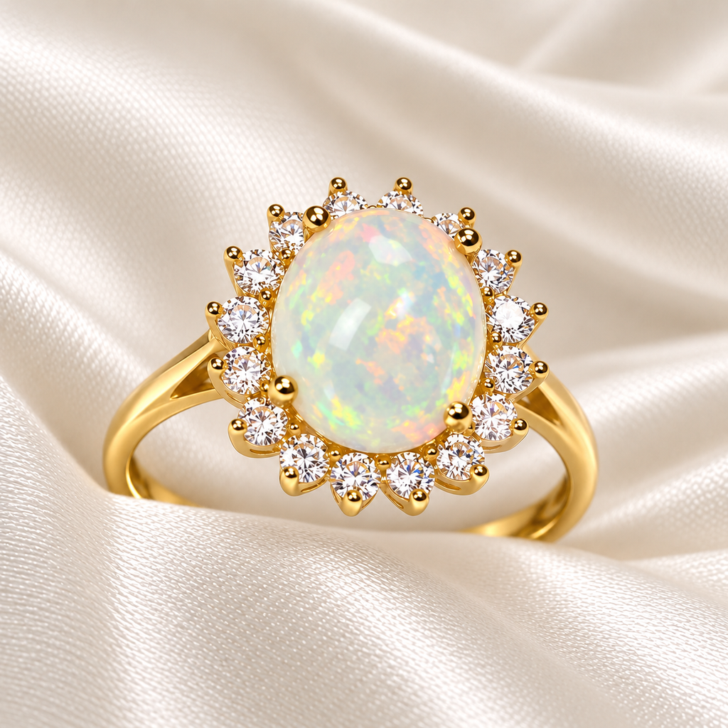 9ct Gold Created Opal & Cubic Zirconia Cluster Ring