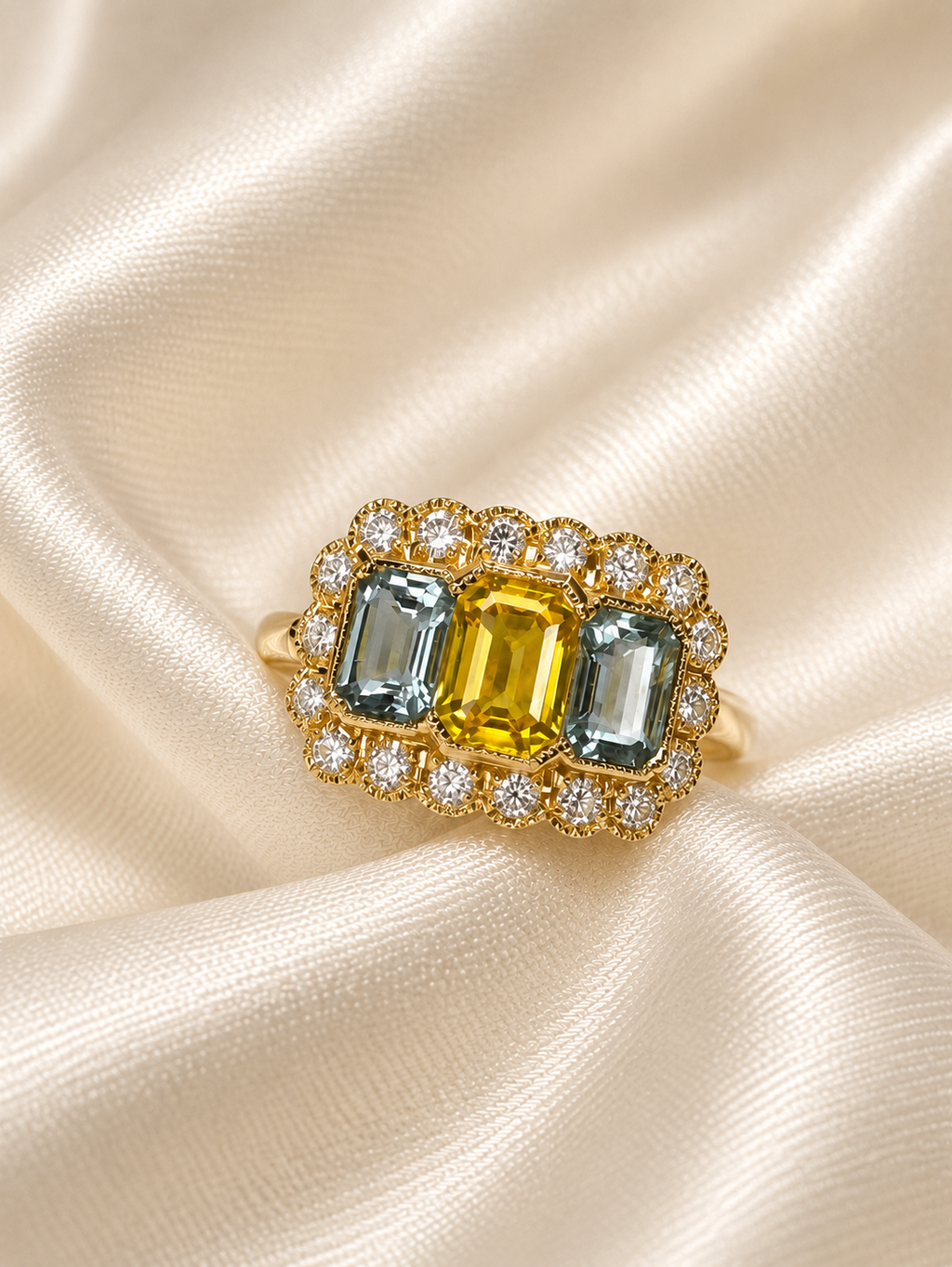 18ct Gold Yellow Sapphire, Aquamarine & Diamond Ring