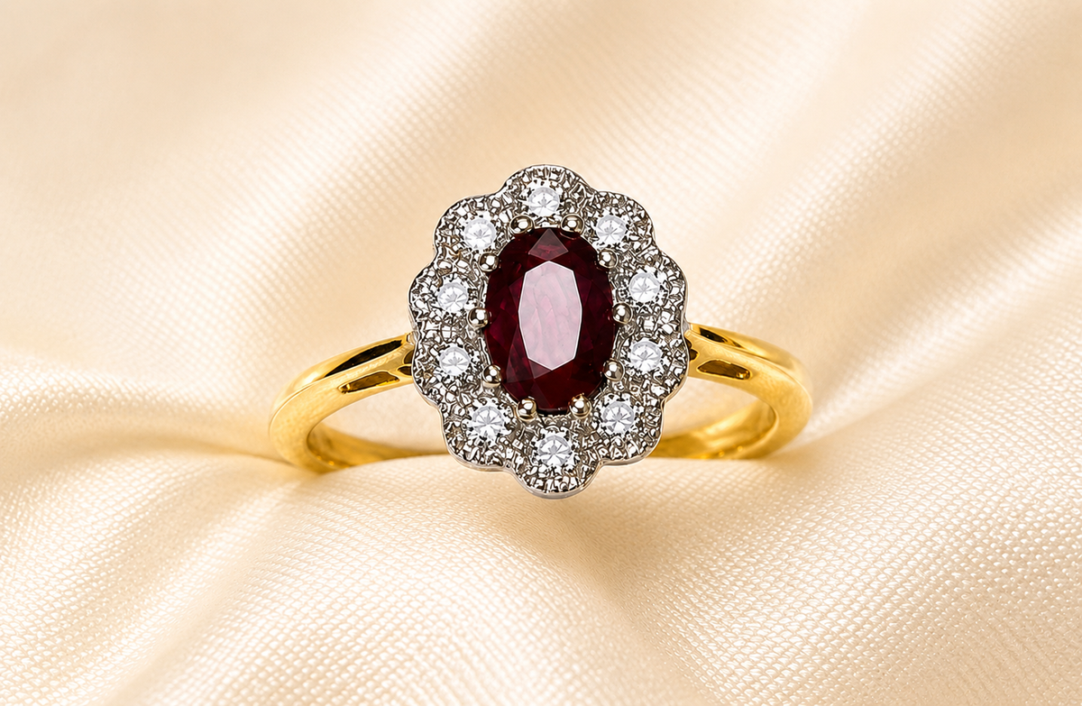 9ct Gold Oval Ruby & Diamond Cluster Ring