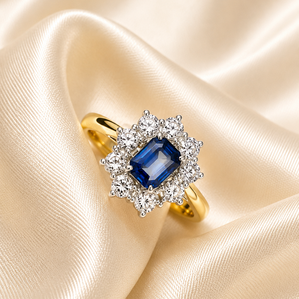 9ct Gold Lab-Grown Sapphire & Diamond Cluster Ring
