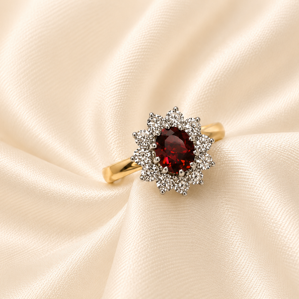 9ct Gold Oval Ruby & Diamond Cluster Ring
