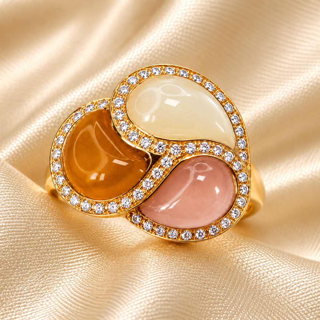 18ct Gold Moonstone, Rose & Orange Quartz Diamond Ring