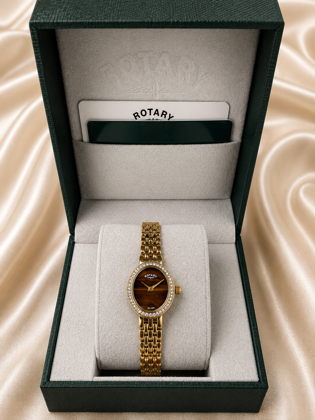 Ladies Rotary Tiger’s Eye Dial Gold-Tone Watch