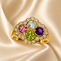 9ct Gold Pink Tourmaline, Peridot, Aquamarine, Amethyst & Diamond Ring