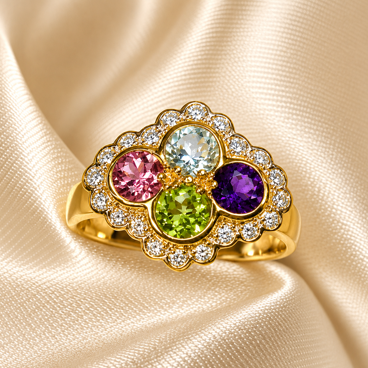 9ct Gold Pink Tourmaline, Peridot, Aquamarine, Amethyst & Diamond Ring