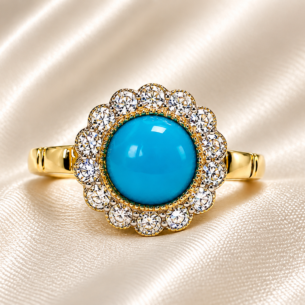 Yellow Gold Turquoise & Diamond Cluster Ring