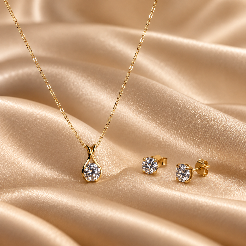 9ct Yellow Gold Cubic Zirconia Pendant & Earring Set