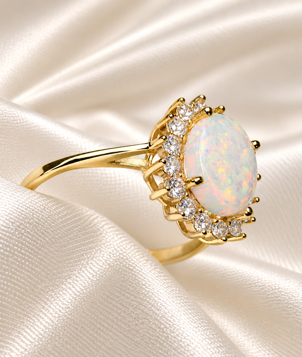 9ct Gold Created Opal & Cubic Zirconia Cluster Ring