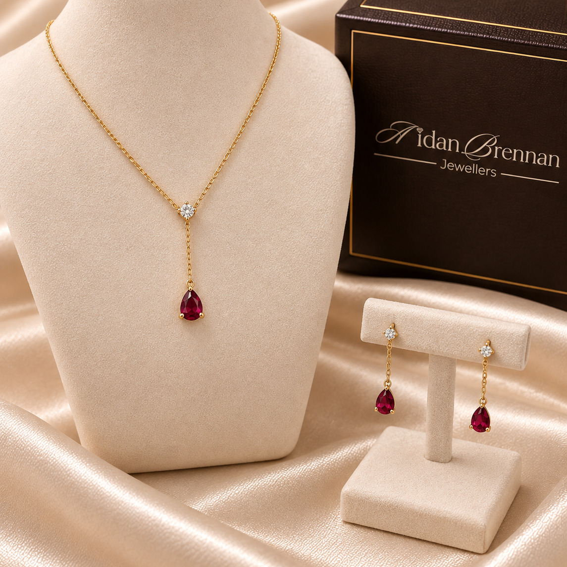 9ct Gold Ruby & Diamond Pendant & Earrings