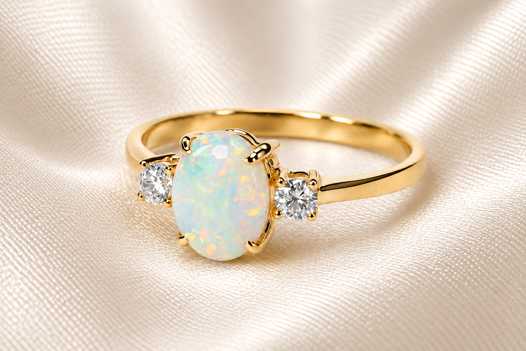 9ct Yellow Gold Created Opal & Cubic Zirconia Ring