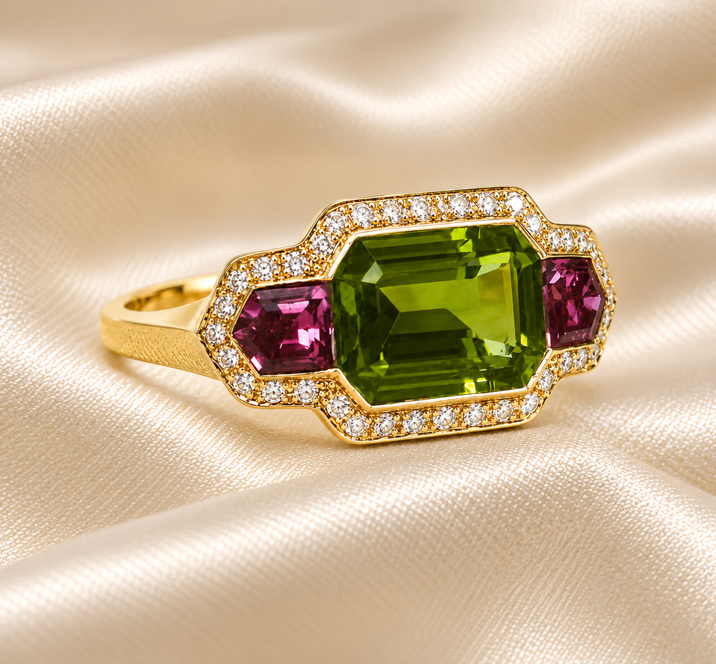 Yellow Gold Peridot, Pink Tourmaline & Diamond Ring