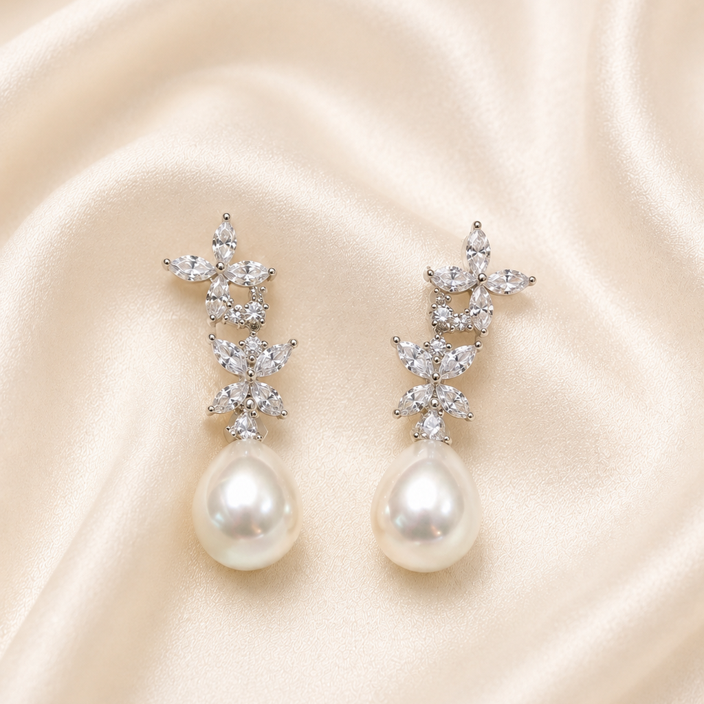 Sterling Silver Pearl & Cubic Zirconia Drop Earrings