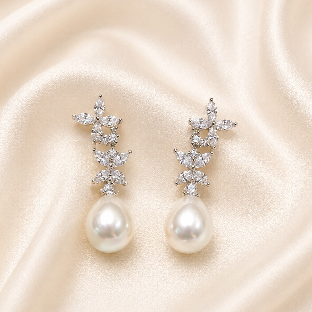 Sterling Silver Pearl & Cubic Zirconia Drop Earrings